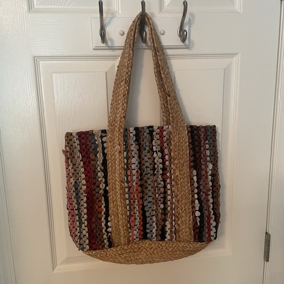 Jute Leather Large Colorful Woven Tote Shoulder Carry Bag Purse Beach Summer - Picture 3 of 10